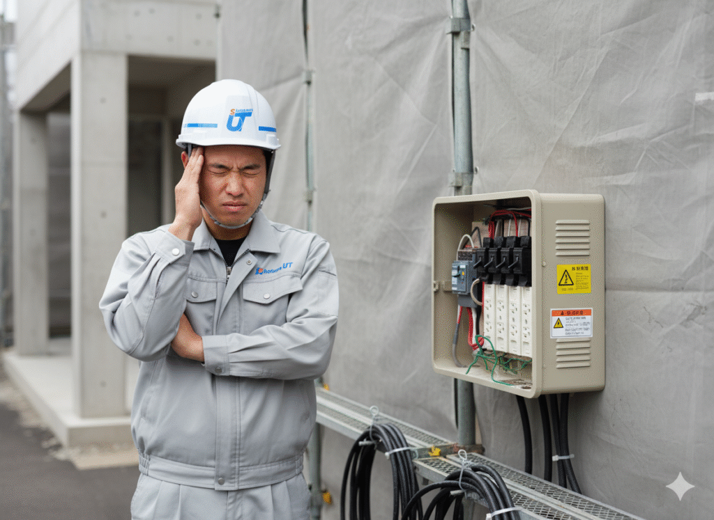 建設現場|分電盤周りで電圧低下を確認する斫り職人