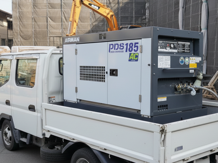 ダブルキャブトラックに載ったコンプレッサー airman