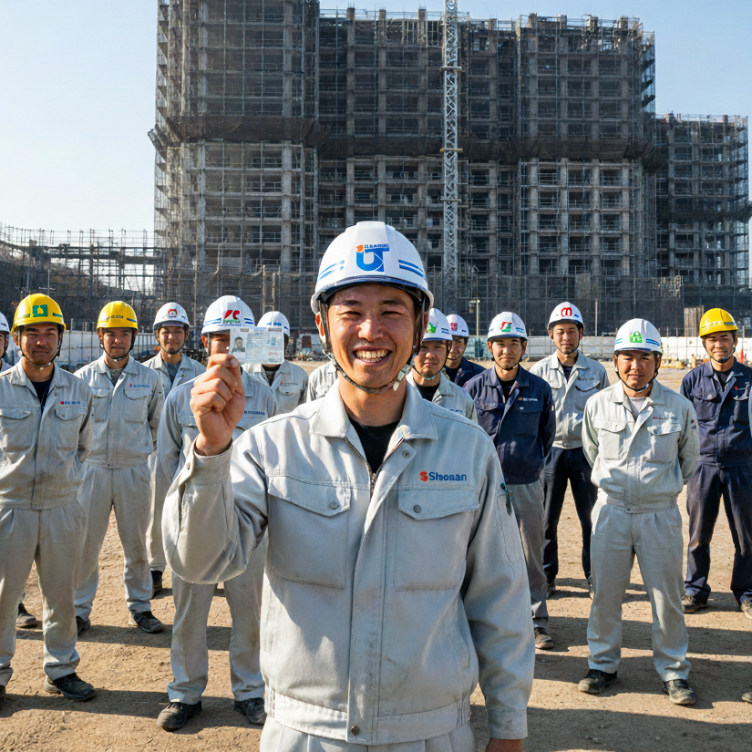 朝礼で資格証を掲げる作業員