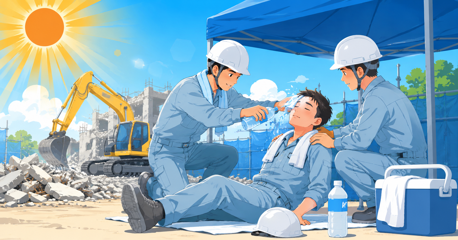 夏の解体現場で職人が倒れた仲間に水をかけて介抱
