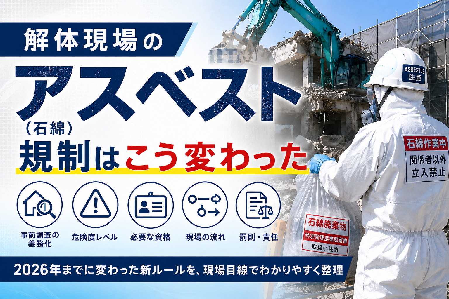解体現場のアスベスト(石綿)規制はこう変わった:事前調査の義務化・危険度レベル・必要な資格・現場の流れ・罰則・責任