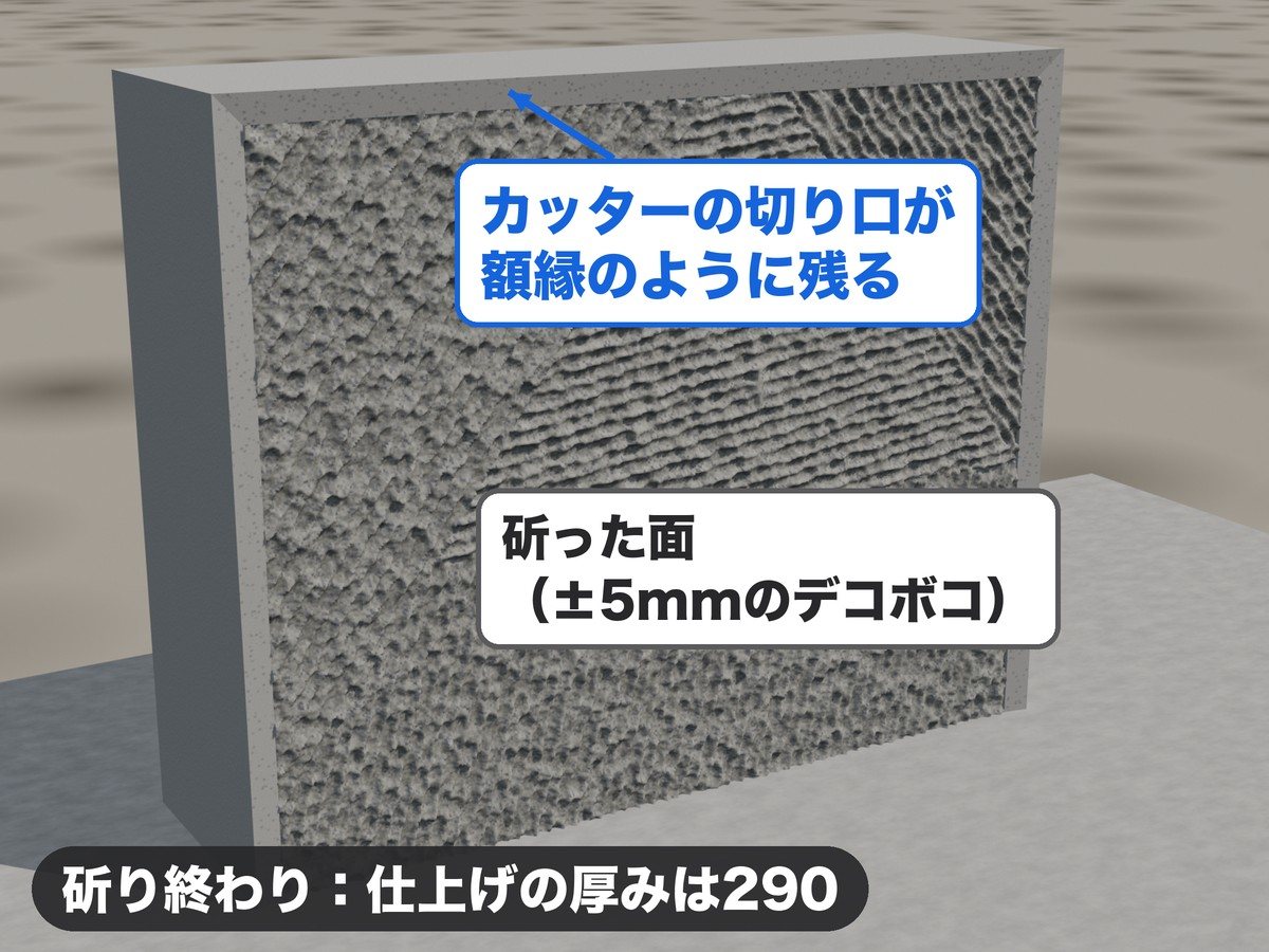 斫り終わった腰壁。カッターの切り口が額縁のように残り、中は±5mmのデコボコの面